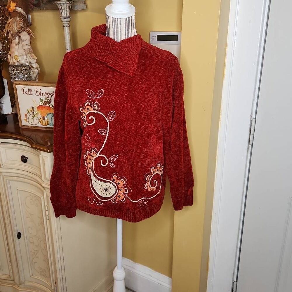 Alfred Dunner chenille floral embroidered turtleneck rust women's size Small